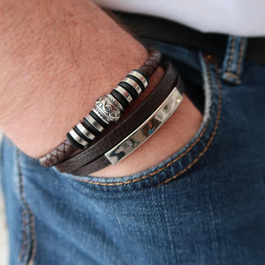 Herrenarmband Leder "Trio Ornament" Gravur inklusive